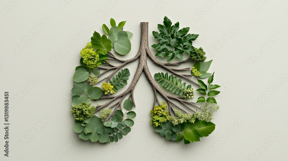 Creative representation of human lungs made from various green leaves and branches on light background Creative representation of human lungs made from various green leaves and branches on light background