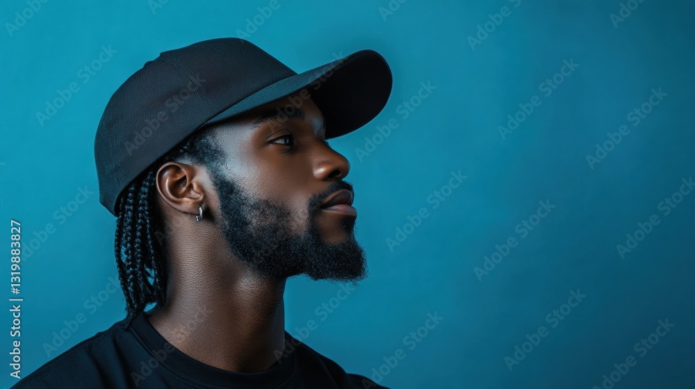 Stylish male model with braids and cap, wearing an earring. Close-up portrait. Space for text. Stylish male model with braids and cap, wearing an earring. Close-up portrait. Space for text.