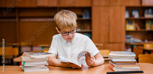 Student boy reading a book and looking very surprised in the school classroom