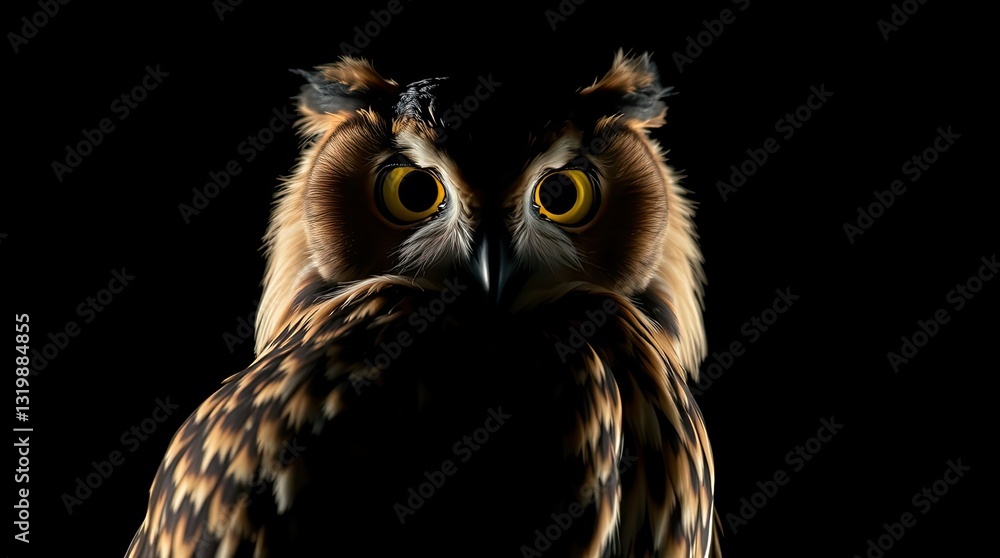 This captivating owl displays its large expressive eyes and unique feather patterns showcasing the beauty of wildlife in a dark environment at night This captivating owl displays its large expressive eyes and unique feather patterns showcasing the beauty of wildlife in a dark environment at night