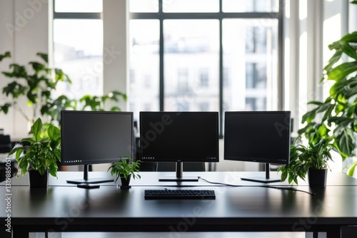 Wallpaper Mural Modern Office Workspace with Plants and Multiple Monitors Torontodigital.ca