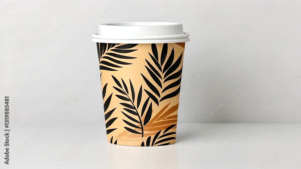 Tropical leaf coffee cup; studio shot; beige background; packaging design