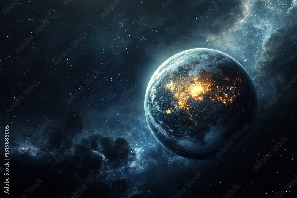 Naklejka premium Vivid portrayal of Earth illuminated by city lights against a cosmic backdrop