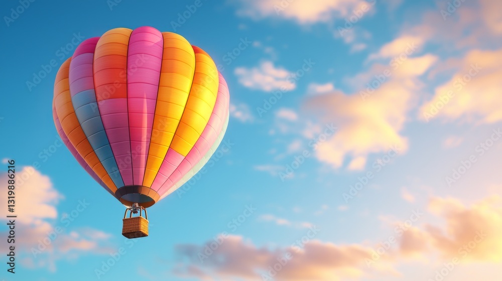Naklejka premium Colorful Hot Air Balloon against a Soft Blue Sky with Clouds