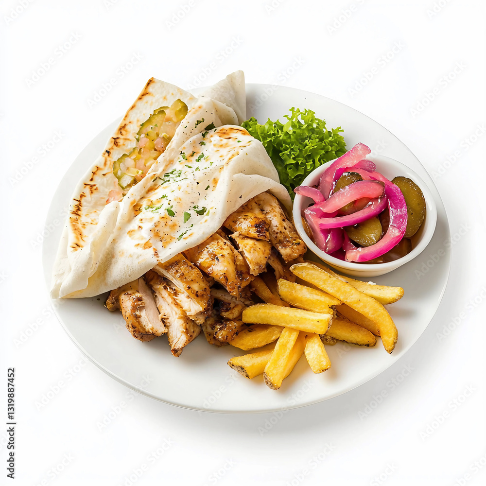 A Plate Of A Plate Of Food With French Fries And A Chicken Shawarma (AI Image) A Plate Of A Plate Of Food With French Fries And A Chicken Shawarma (AI Image)