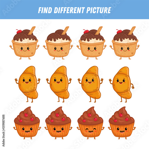 Find different picture each row. Logical game for kids. Cartoon character. Ice cream, cupcake, croissant in flat style. Vector illustration
