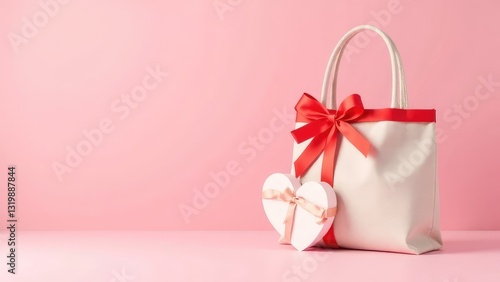 Heart shaped bag and gift boxes with red ribbons on pink background. Concept of gift, love, holiday and care. Birthday, Valentine's Day
