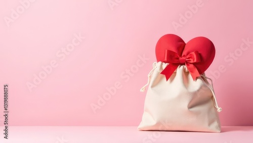 Heart shaped bag and gift boxes with red ribbons on pink background. Concept of gift, love, holiday and care.