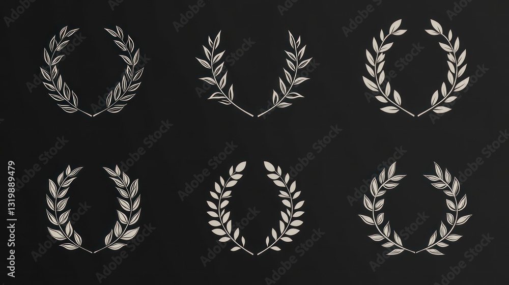 Six laurel wreaths on dark background; design elements for awards, invitations Six laurel wreaths on dark background; design elements for awards, invitations
