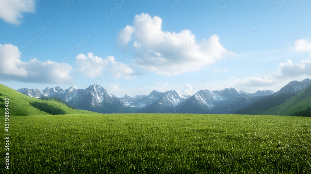 A stunning view of lush green fields stretching towards majestic mountains under a clear blue sky, creating a perfect landscape for nature lovers and outdoor enthusiasts. A stunning view of lush green fields stretching towards majestic mountains under a clear blue sky, creating a perfect landscape for nature lovers and outdoor enthusiasts.
