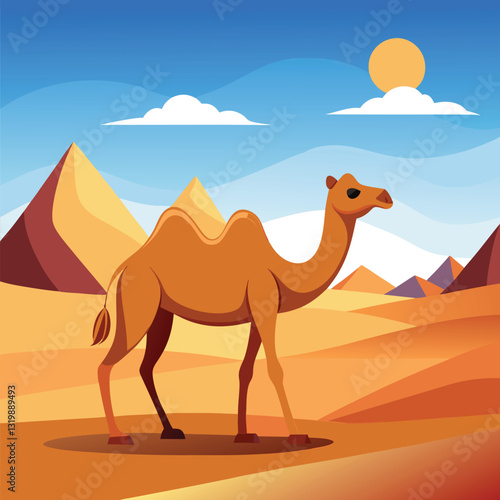 a flat illustration of a camel, blue sky in the desert sand hills