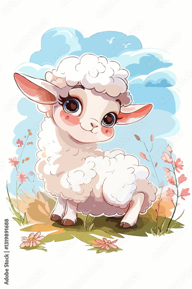 Obraz premium Friendly Lamb Standing in Flowers Against Light Blue Sky