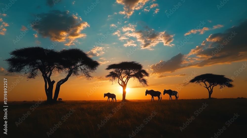 Silhouettes of savannah animals against a vibrant sunset sky with acacia trees showcasing the beauty of natures wildlife adventure Silhouettes of savannah animals against a vibrant sunset sky with acacia trees showcasing the beauty of natures wildlife adventure