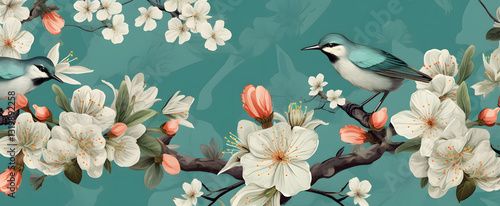 Two birds surrounded with flowers