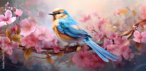 Bird with flowers on a pastel background