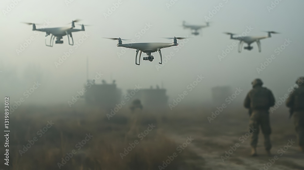 Drones fly in flawless formation above a military post, while soldiers in blurred camouflage blend seamlessly into the landscape. Drones fly in flawless formation above a military post, while soldiers in blurred camouflage blend seamlessly into the landscape.