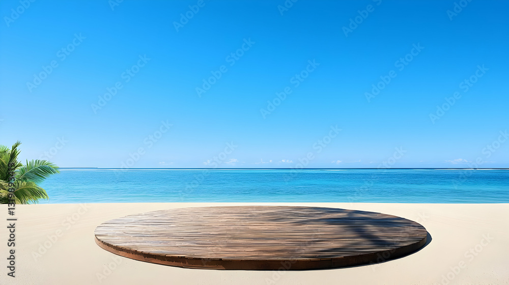 Round Wooden Table Placed On Sandy Beach With Calm Blue Ocean And Clear Sky Round Wooden Table Placed On Sandy Beach With Calm Blue Ocean And Clear Sky