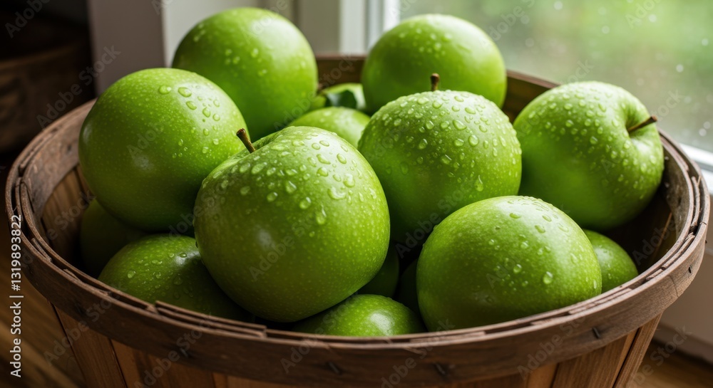 Granny Smith Apples in a Wooden Basket Granny Smith Apples in a Wooden Basket