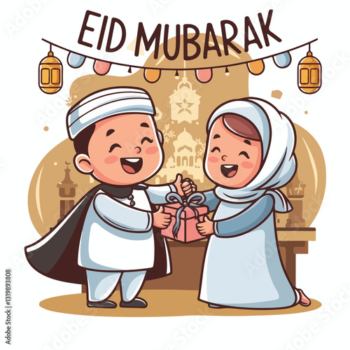 Eid mubarak vector with muslim kids. Happy Eid Mubarak. Muslim Kid Celebrating Eid Mubarak. religious holiday is celebrated by Muslims, Islamic holidays Greeting card. Eid Mubarak Urdu Calligraphy.