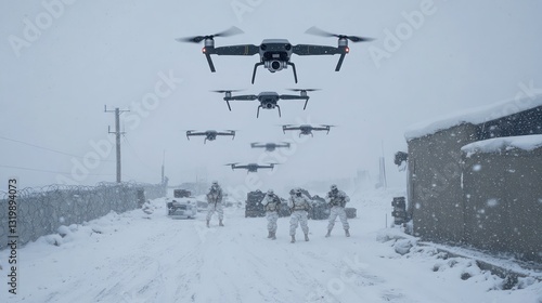 Drones soar in formation over a snowy military base, their dark silhouettes stark against the white landscape, as soldiers in white camo fortify defenses