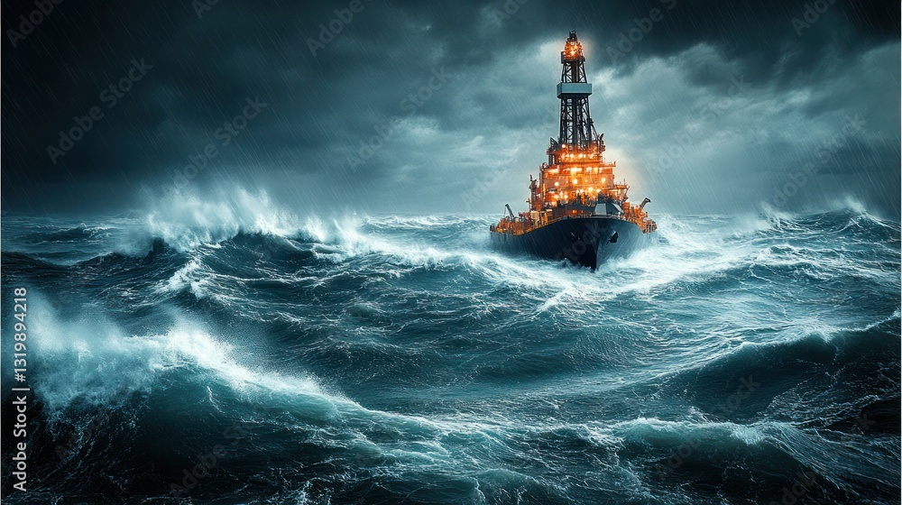 Obraz premium Offshore oil rig navigating stormy ocean waves