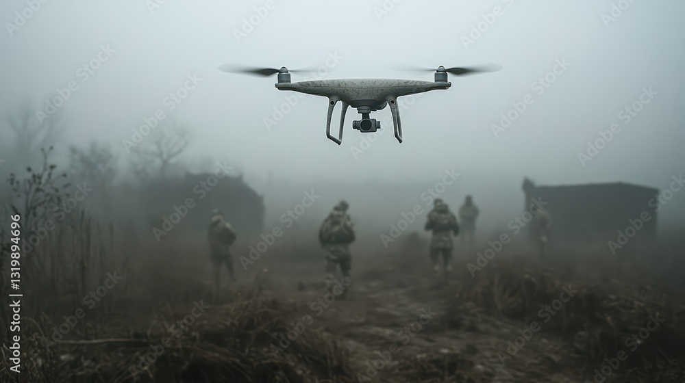 Drones fly in flawless formation above a military post, while soldiers in blurred camouflage blend seamlessly into the landscape. Drones fly in flawless formation above a military post, while soldiers in blurred camouflage blend seamlessly into the landscape.
