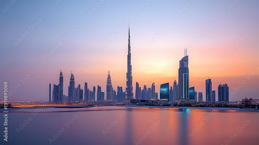 Obraz premium Magnificent Skyline Cityscape Illuminated During Sunset Reflected on Calm Water Surface