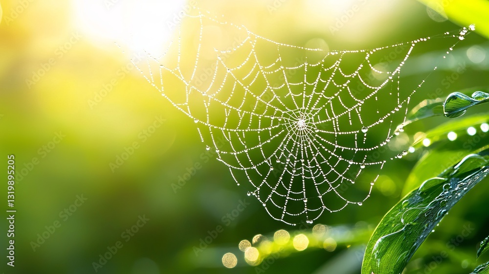 Glittering Spider Web with Dew Drops in Morning Light Glittering Spider Web with Dew Drops in Morning Light