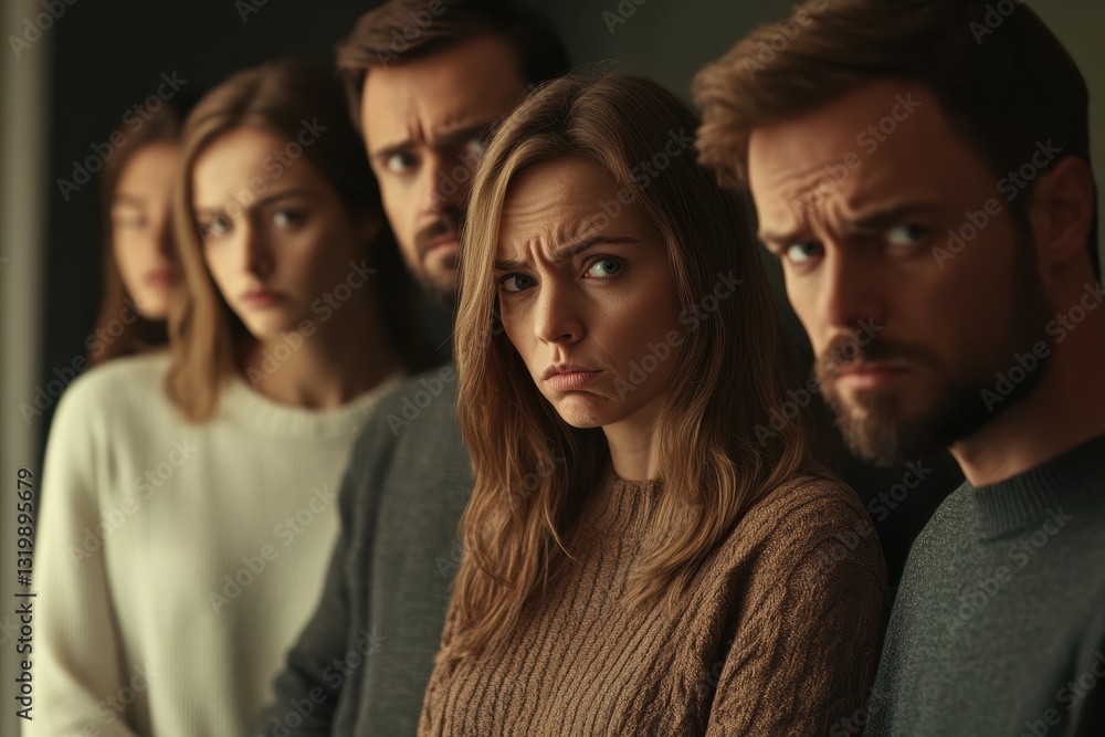 Fototapeta premium Emotional tension between couples during a divorce discussion in a dimly lit room