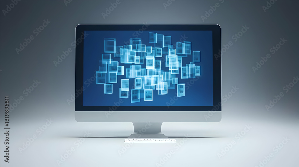 Modern White Desktop Computer Display Showing Abstract Blue Data Visualization With A White Wireless Keyboard On A White Desk In A Softly Lit Gray Modern White Desktop Computer Display Showing Abstract Blue Data Visualization With A White Wireless Keyboard On A White Desk In A Softly Lit Gray