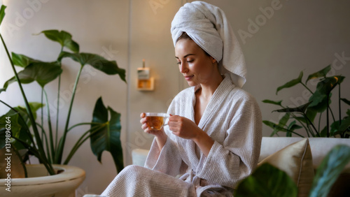 A woman in a robe is sitting on a couch and drinking tea