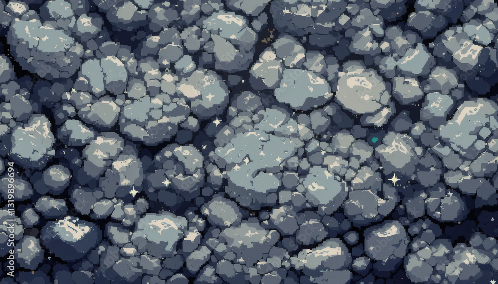 Pixelated 8-bit space rock texture with rough, cratered surface and tiny twinkling stars. Pixelated 8-bit space rock texture with rough, cratered surface and tiny twinkling stars.