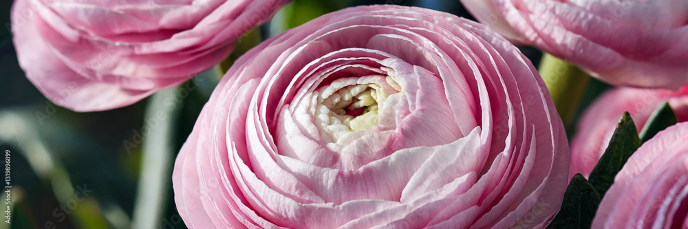 Fototapeta premium A vibrant half-open ranunculus blooming in warm sunlight on sunny day, macro, long banner with copy space