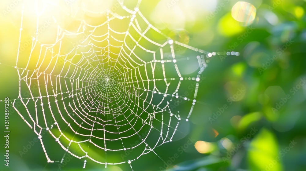 Naklejka premium Glowing Spider Web with Dew Drops in Soft Morning Light