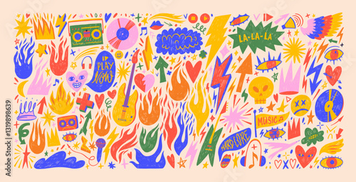 Punk and rock style crayon drawn shapes and stickers. Collection of graffiti doodle music figures. Hand drawn fire, lightning, speech bubbles, rock and roll doodles. Y2k sketch with grunge texture.