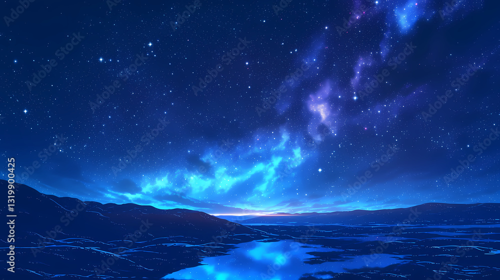 Naklejka premium Serene night sky over a tranquil lake reflecting stars and distant mountains under a vibrant aurora