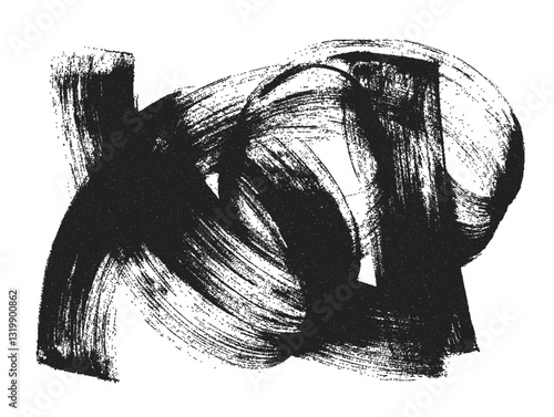 Grainy black thick swirled brush stroke with spray texture. Abstract vector stipple background with curly brush stroke.