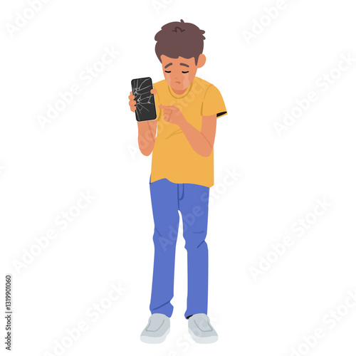 Unhappy ashamed boy child cartoon character showing fractured mobile phone screen isolated on white