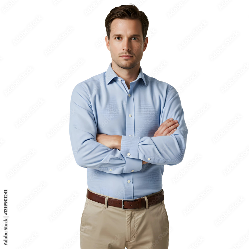 Charming Businessman in Blue Shirt: Standing Confidently with Arms Crossed and a Warm Smile Charming Businessman in Blue Shirt: Standing Confidently with Arms Crossed and a Warm Smile