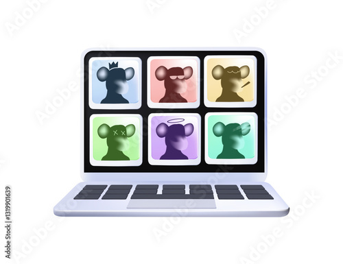 Laptop screen with NFT collection, digital art on online sale, crypto market 3D illustration. Collectible images, creative stock pictures on computer display, selling on internet. 3D vector