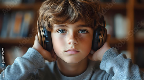 Focused Boy Listening To Music In A Library