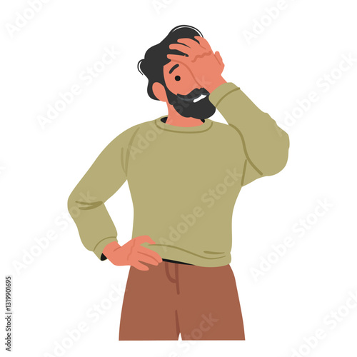 Bearded man cartoon character covering face with hand making facepalm gesture feeling troubled