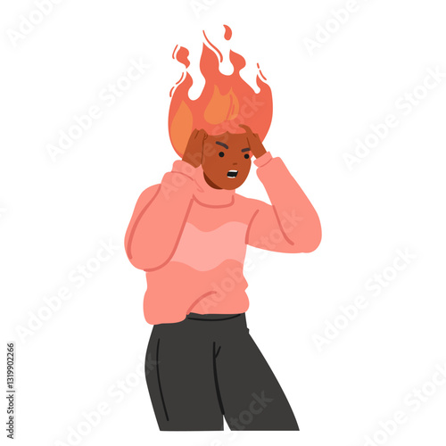 Mad furious woman cartoon character holding burning head in flame feeling desperate emotions