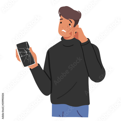 Man cartoon character crying feeling negative emotion due to damaged smartphone isolated on white