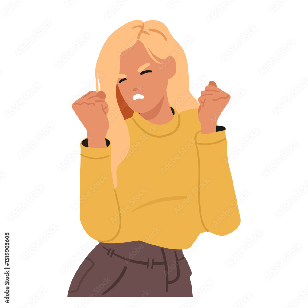 Young stylish woman character feeling anger clenching fist containing displeasure and annoyance Young stylish woman character feeling anger clenching fist containing displeasure and annoyance