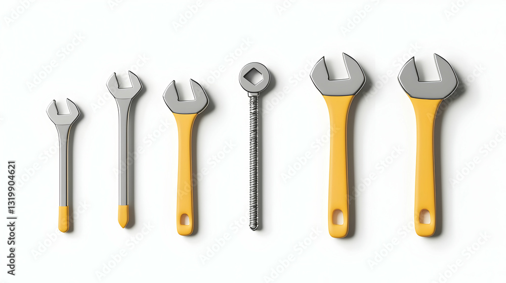 Set Of Six Metal Wrenches With Yellow Handles Arranged By Size On A White Background In A Studio Setting With Soft Lighting Set Of Six Metal Wrenches With Yellow Handles Arranged By Size On A White Background In A Studio Setting With Soft Lighting