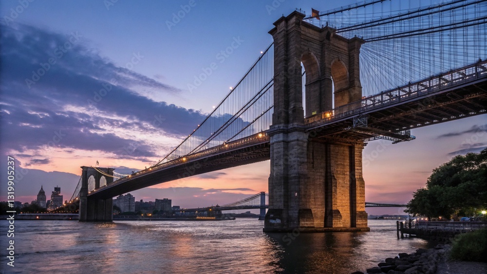 Fototapeta premium The iconic Brooklyn Bridge at twilight, with its majestic stone towers and suspension cables silhouetted against a colorful evening sky. Perfect for travel themes, New York City landmarks, and archite