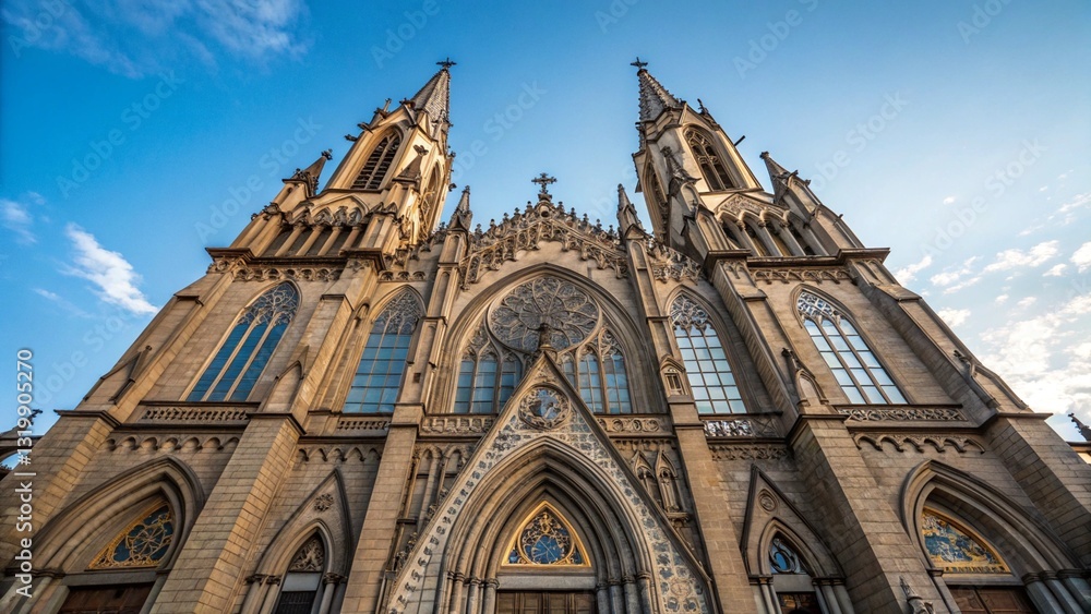 Fototapeta premium Imposing gothic cathedral exterior with towering spires reaching towards a bright blue sky, showcasing impressive stone architecture. Perfect for illustrating themes of religious architecture, Europea