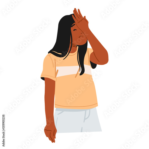 Teenage girl cartoon character in stress feeling blame making facepalm gesture isolated on white