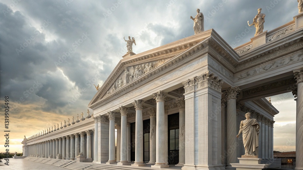 Fototapeta premium Dramatic architectural shot of a classical Greek-style building with imposing columns and statues against a stormy sky, conveying grandeur and timelessness.
